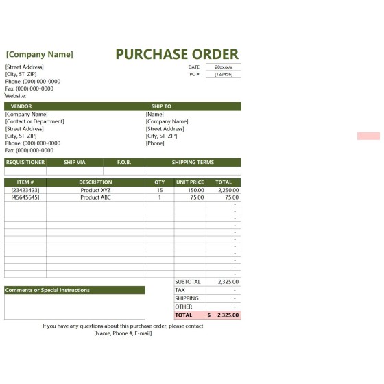 Download Editable English Purchase Order Excel Template