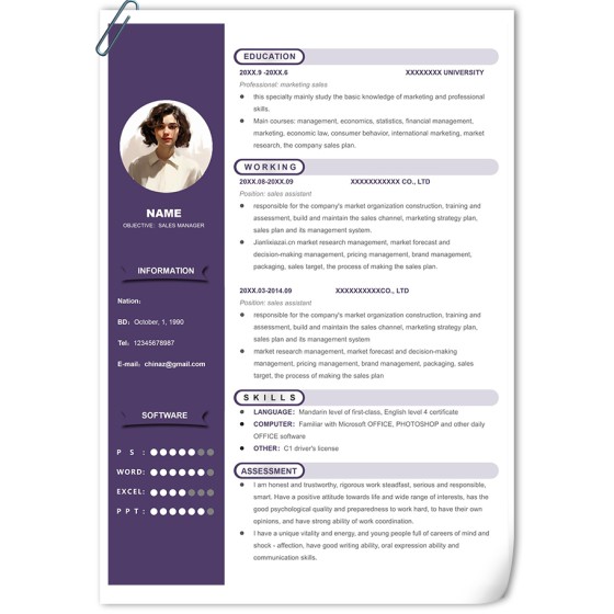 Minimalist Purple CV Template, Editable Word Resume for Job Hunting